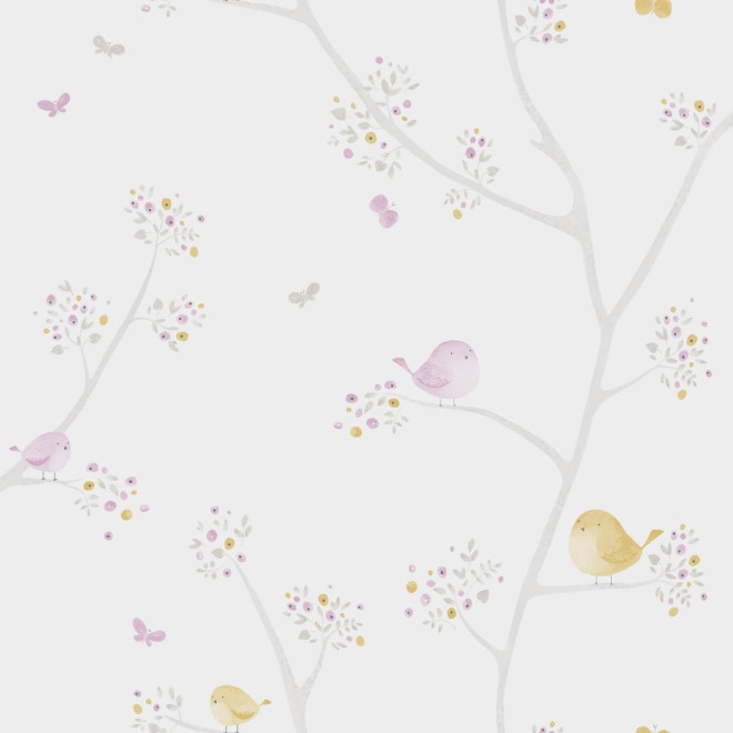 papel de parede menina com pássaros lilás e amarelo