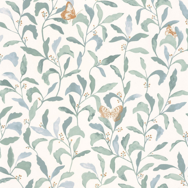 White Wallpaper with Green Leaves and Golden Butterflies