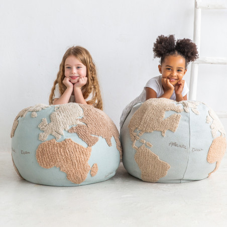 Pouf enfant carte du monde bleue