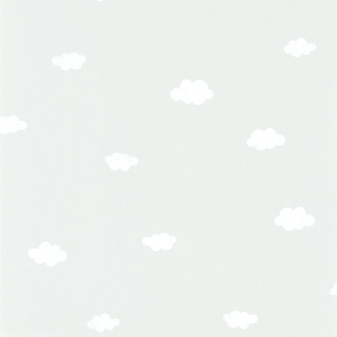 Green wallpaper with white clouds for baby's room.