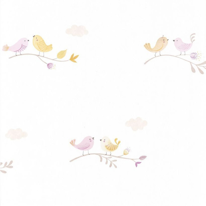 papel de parede infantil passarinhos lilás e amarelo