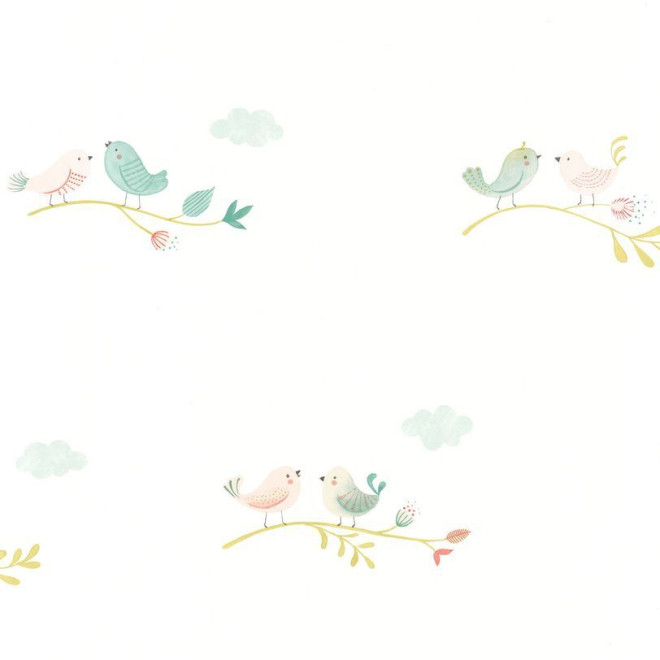 Children's wallpaper with green and pink birds