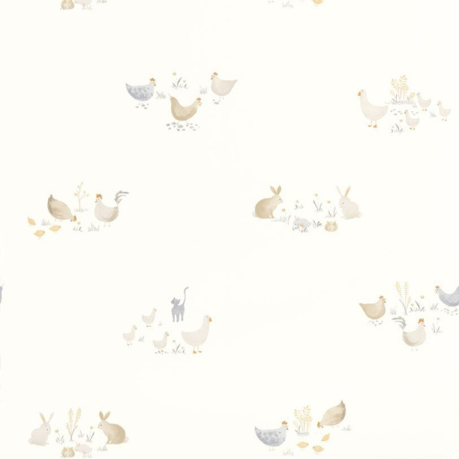 papel de parede infantil com galinhas, coelhos e patos