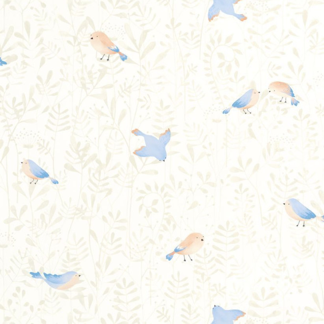 Children's Wallpaper with Blue and Coral Birds