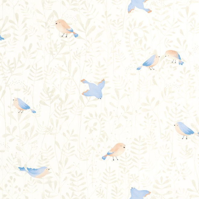 Papier Peint Enfant avec Oiseaux Bleus et Corail