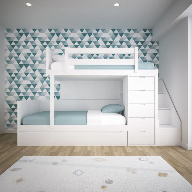 Children's bunk bed with side ladder and storage
