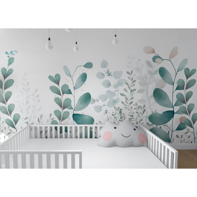 Papel pintado de habitación de niña con flores verdes