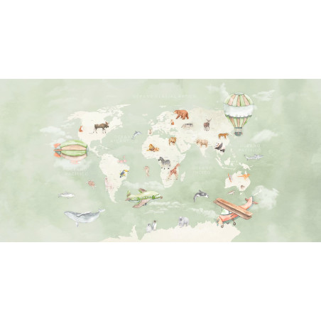 mural mapa mundo verde agua com animais por medida