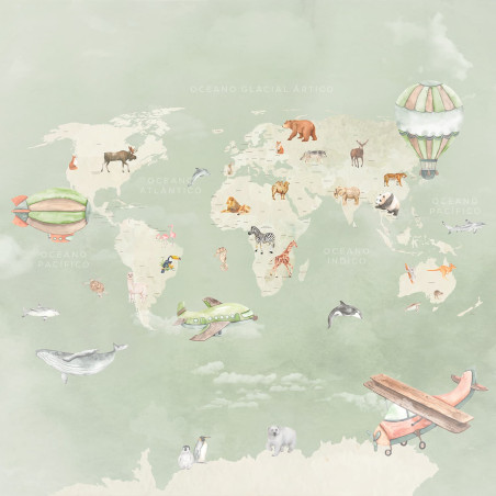 papel de parede mapa mundo verde agua com animais