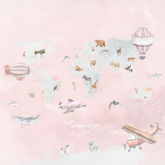 Pink World Map Wallpaper with animals