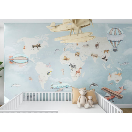 papier peint carte du monde bleue pour chambre de garçon