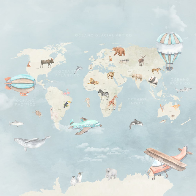 blue world map wallpaper with animals