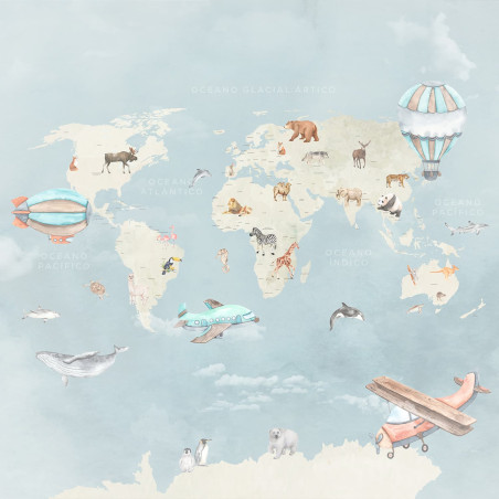 fond d'écran de carte du monde bleu avec des animaux