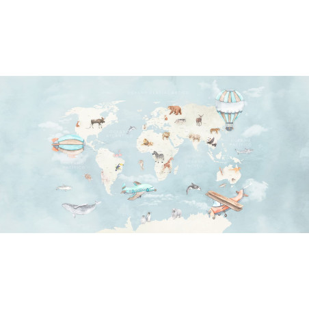 fond d'écran carte du monde bleu avec des animaux et des ballons