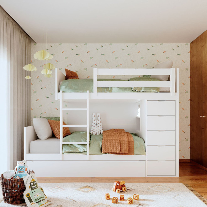 Children's bunk bed with 3 beds and white quality storage