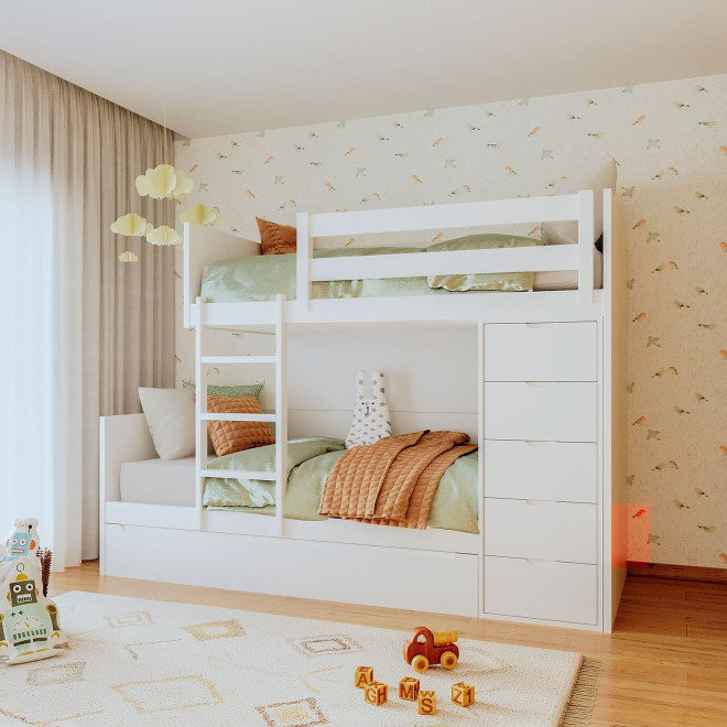 Doppel-Etagenbett für Kinder mit 3 Betten und Schubladen zur Aufbewahrung