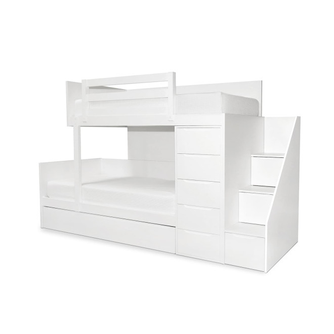 Lit superposé pour chambre d'enfant, blanc, avec escaliers latéraux