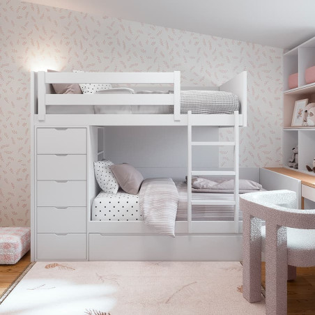 White kids bunk bed with drawers and side ladder – double bed for a modern and functional children’s bedroom