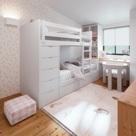 Planned children's bedroom featuring a multifunctional white bunk bed integrating a five-drawer chest
