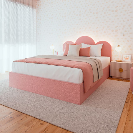 Dormitorio infantil completo con cama tapizada rosa