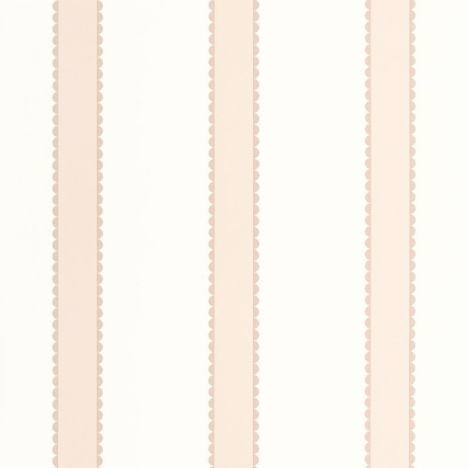 Pink and white striped kids wallpaper with delicate scalloped edges, ideal for girls’ bedrooms and nurseries.