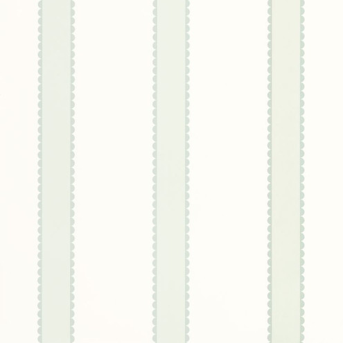 Green and white striped kids wallpaper in a children’s bedroom with soft natural decor.