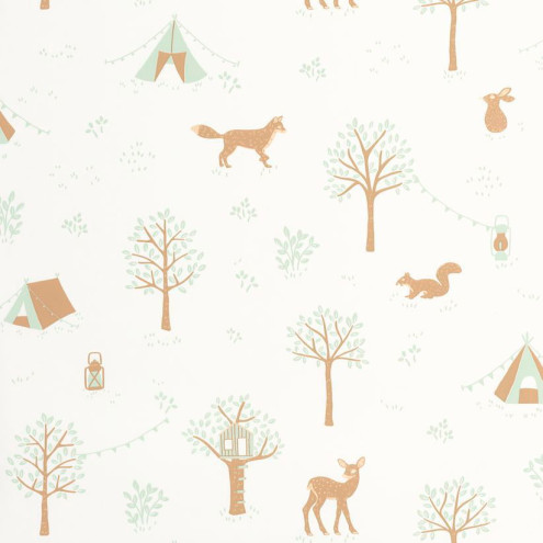 Papier peint enfant forêt avec animaux, arbres et tentes dans de douces nuances de vert et de beige.