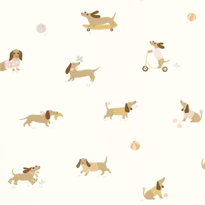 Papier peint enfant avec chiens dans une chambre d’enfant décorée dans des tons doux et naturels.