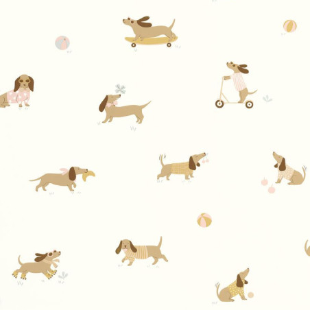 Papel de parede infantil com cães aplicado em quarto de criança com decoração em tons suaves e naturais.