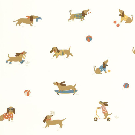 Papier peint enfant avec chiens colorés jouant en skateboard, trottinette et rollers, avec ballons et détails amusants.