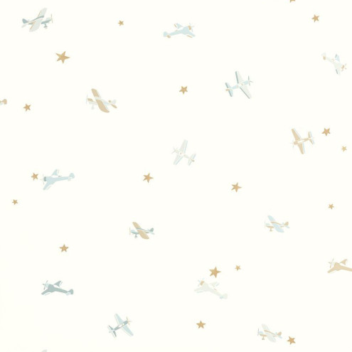 Papel de parede infantil com avionetas e estrelas em tons suaves de azul, verde e bege sobre fundo claro.