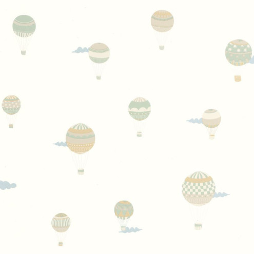 Papel de parede infantil com balões de ar quente em verde e amarelo pastel, com pequenas nuvens azuis sobre fundo claro.