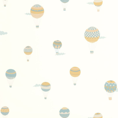 Papel de parede infantil com balões de ar quente em azul e amarelo pastel, com pequenas nuvens sobre fundo claro.
