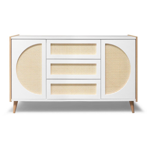 Commode bébé NATURE blanche en chêne et rotin naturel avec 3 tiroirs et 2 portes