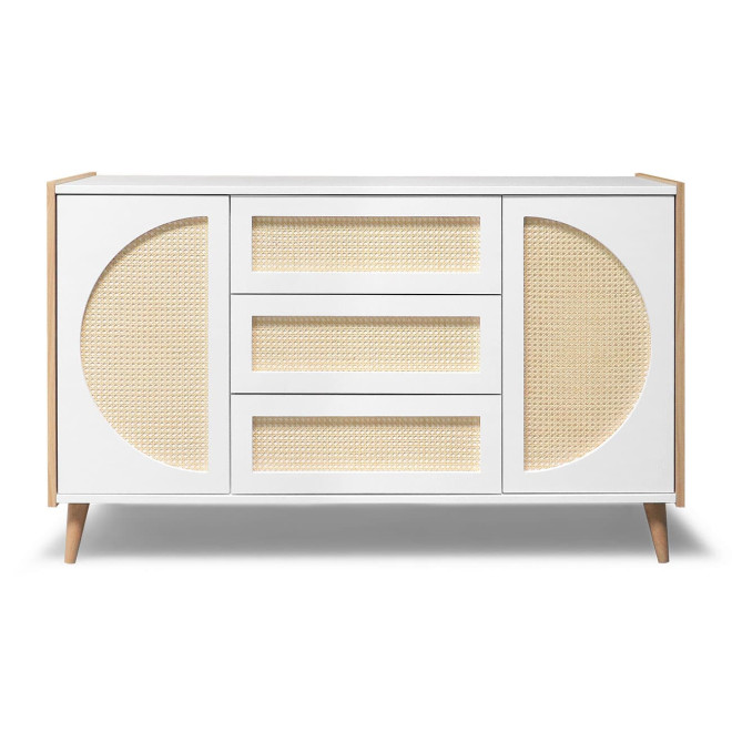 Commode bébé NATURE blanche en chêne et rotin naturel avec 3 tiroirs et 2 portes