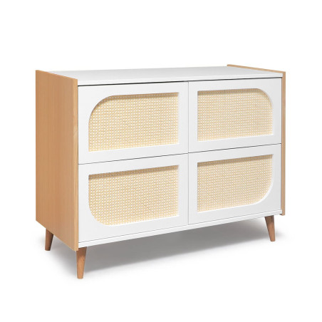 Cómoda para quarto de bebé branca com 4 gavetas grandes e rattan natural
