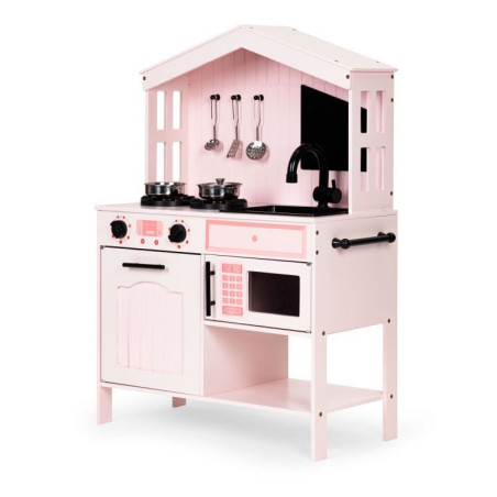 Cozinha infantil rosa em madeira com forno, lava-loiça e micro-ondas