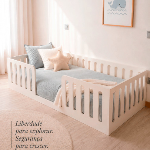 CAMA MONTESSORIANA BRANCA SOLTEIRO COM GRADES AMOVIVEIS